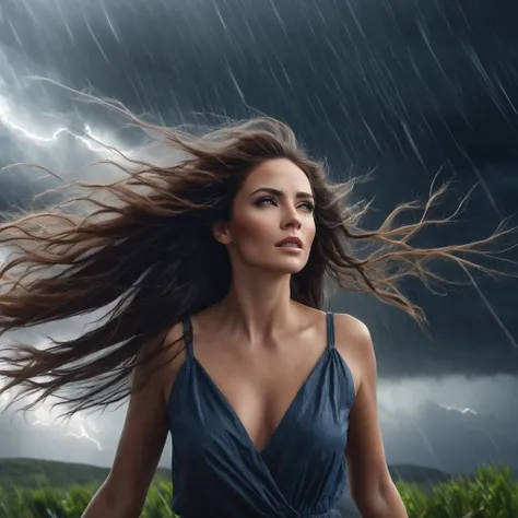 a woman in the hurricane, long eyelashes, beautiful woman with flowing hair, dramatic wind blowing hair, dramatic lighting, dramatic storm clouds, epic cinematic style, dramatic landscape, dramatic clouds, dynamic movement, photorealistic, 8k, high resolut...