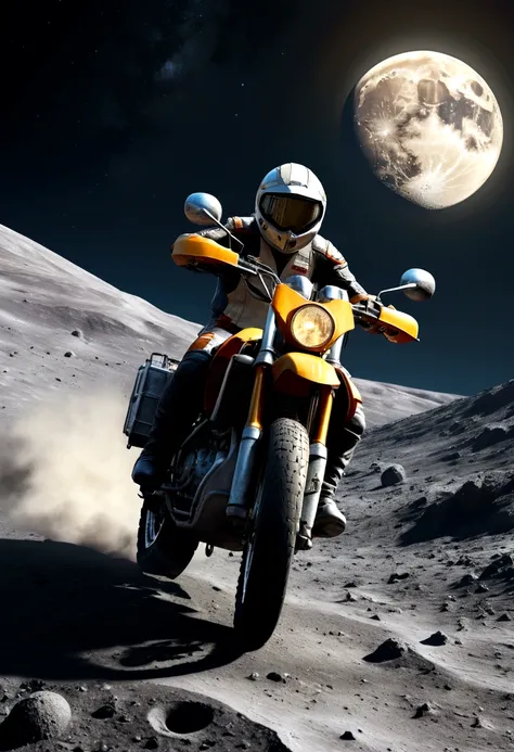 realistic detailed motorcycle driving on the surface of the moon, Earth visible in the sky, detailed lunar landscape, dramatic lighting, cinematic composition, realistic textures, intricate details, hyperrealistic, highly detailed, vibrant colors, dramatic...