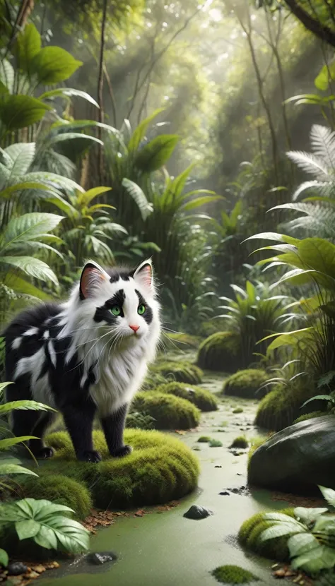 Whiskers spotting his siblings’ white and black fur through the leaves.

Whiskers pushes through a thicket and spots the distinctive black and white fur of Midnight and Snowflake. His green eyes light up with joy. The jungle around them is dense but slight...