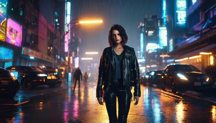 a beautiful woman with short dark brown hair, detailed facial features, wearing a leather jacket and black jeans, standing in a cyberpunk city at night, dramatic lighting, (police badge:1.2), (best quality,4k,8k,highres,masterpiece:1.2),ultra-detailed,(rea...