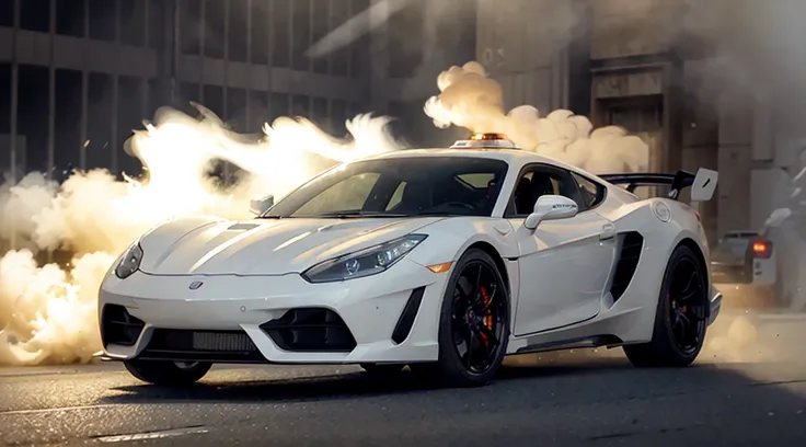 Shot from behind a white supercar at full speed，Tire squealing，Leaving behind a wisp of dissipating smoke；Dynamic long shot，Lighting highlights its stylish design，in high resolution、Dark city scene。