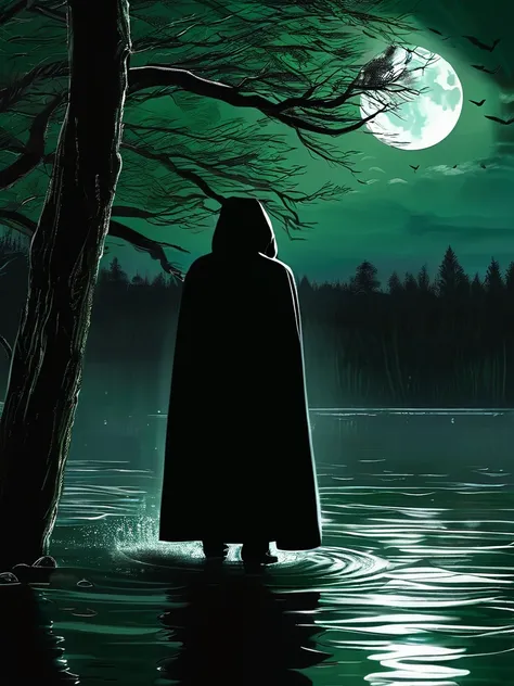 grandfather in a black raincoat , black hood,  stands behind a tree , a beautiful Russian woman with green eyes stands waist-deep in water, white cape. Woman smiling sinisterly,She stands facing her grandfather.night,dark,moon, darkness