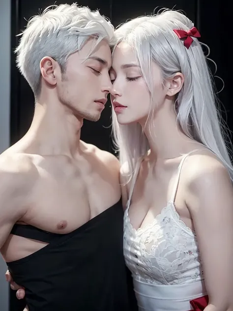 A guy with white hair, shirtless, closed eyes, kissing a girl with long black hair, closed eyes, detailed,