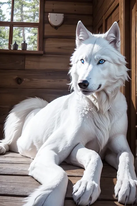 blue eyed white wolf in log cabin