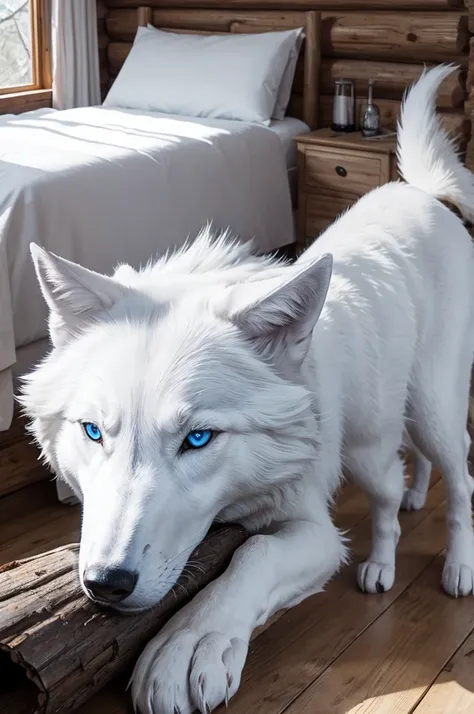 blue eyed white wolf in log cabin