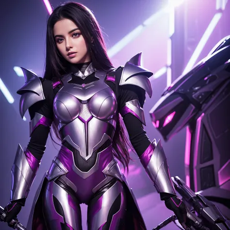 Arabian woman in futuristic suit standing in front of a purple background, sharp silver armor Fuchsia Skin, Fuchsia Skin below the armor, Fuchsia Skin beneath the armor, Black and red reflective armor, crimson heavy armor, Black and reddish colored armor, ...