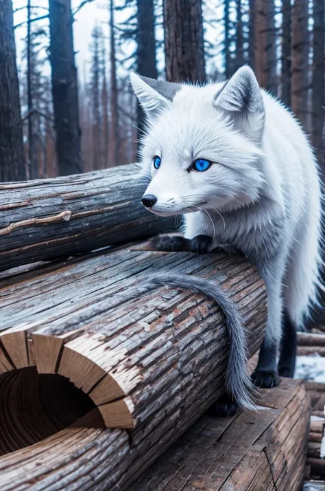 blue eyed arctic fox in log cabin