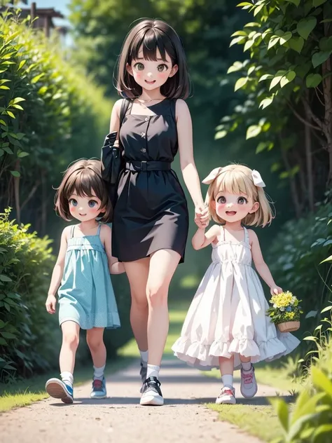 Two Girls、Very close sisters、Walk hand in hand、Having fun and being excited、They both walk with a bounce、Happy smile、A cute, cool sleeveless dress、Walking side by side with dogs、(Quadrupedal Dog、Very large dog:1.4、Same height as her sister、Bushy white hair...