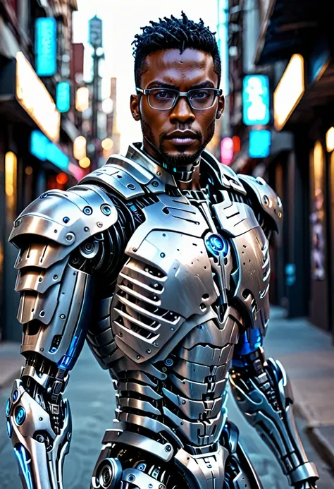 an ultra handsome dark-skinned cyborg man with glasses, perfect android man, beautiful robot character design, simplified futuri...