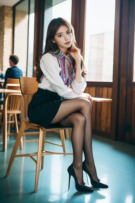 (Highest quality、Ultra-high resolution、masterpiece、8K)、(Delicate face、Detailed eyes and face、Watery eyes、double eyelid、Glossy lips), ((1 girl)) 、Very beautiful woman、Slender、Slim Big、Sharp long legs、Alluring and sexy、(A brightly colored collared shirt:1.2)...