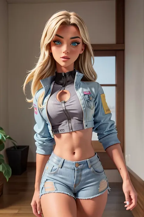 alisha lehmann sexy, she is wearing an open denim jacket covering her breasts and denim shorts