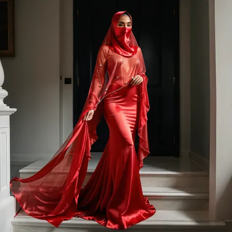 a woman in the translucent silk red gown, tight full body tied, satin sheet, nipple on with nipple piercing, wearing translucent veils, faceless, face cover with satin veil, satin hijab, full body, long satin,mermaid tight long gown, flowy dramatic long go...