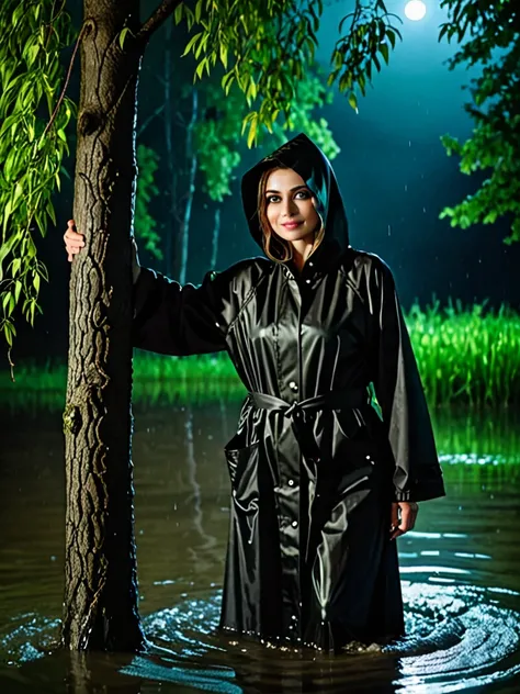 grandfather in a black raincoat , black hood,  stands behind a tree , a beautiful Russian woman with green eyes stands waist-deep in water. Woman smiling sinisterly,night,dark,moon, darkness