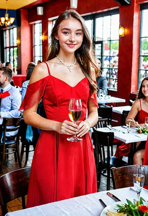 girl in a long red dress at graduation in a restaurant with a glass in her hands 