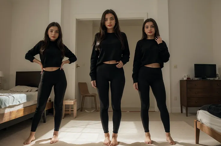 A group of five italian Little girls, 11 Years old, Red Lips, bedroom, different colours Jumper, wearing Black Yoga pants, standing, front view, full body, barefeet