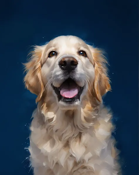 (very beautiful elaborate oil and watercolor painting), golden retriever puppy looking straight, symmetrical composition, sweet ...