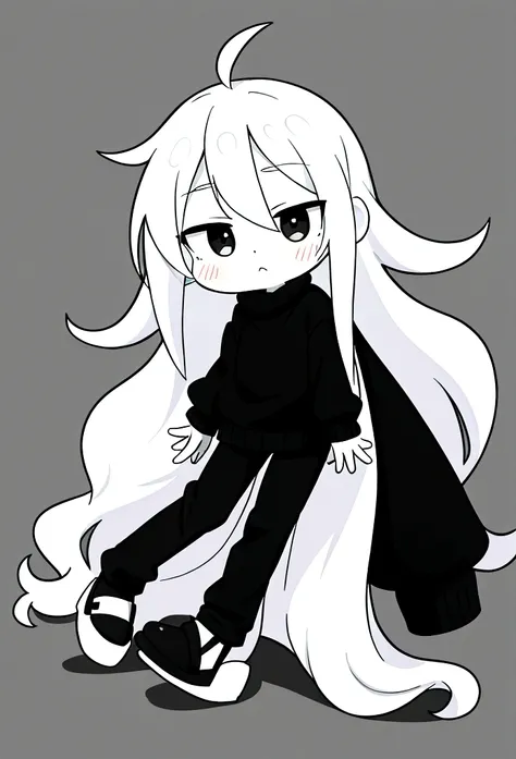 female, white skin, long wavy white hair, black sweater and black pants, monochrome art,