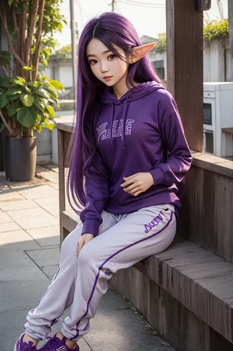 Long Purple hair, Vietnamese, beautiful 23 year old woman, very attractive, brown eyes, elf ears, very cute, thin athletic body, wearing hoodie and sweatpants, photoshoot