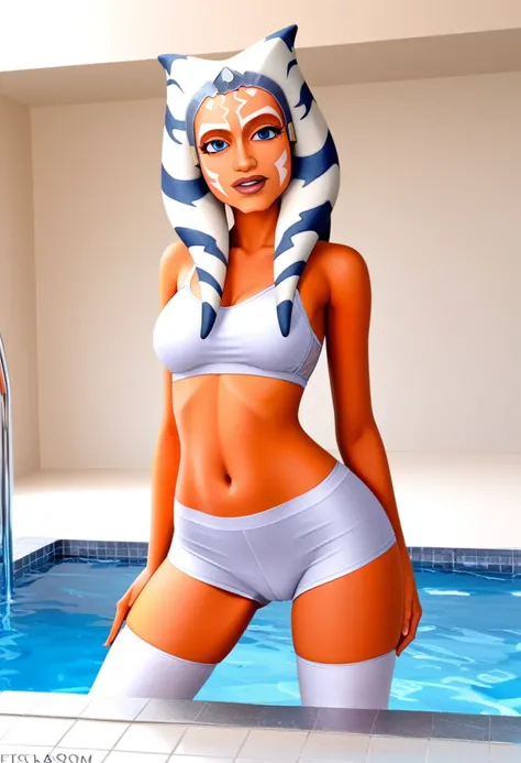 score_9_up, score_8_up, score_7_up, 1girl, solo, mature female, ((adult Ahsoka Tano))(((orange skin color))), long horns, blue eyes, pink lips, parted lips, white tattoos on cheeks, fit slim body, ((perfect medium erected breast)), (((white sport bra with ...