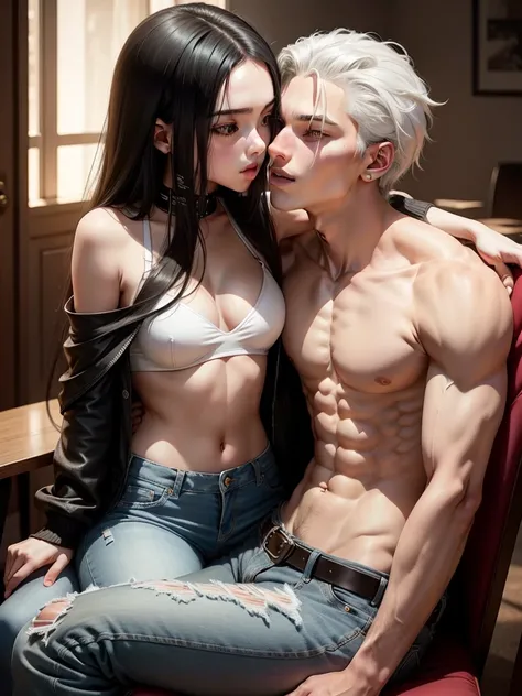 Young girl with long black hair wear a bra sitting on lap of young boy with white hair shirtless and wearing jeans who is sitting on a chair, kissing, making out, passionately, dim lighting, sexy, hot, lustful