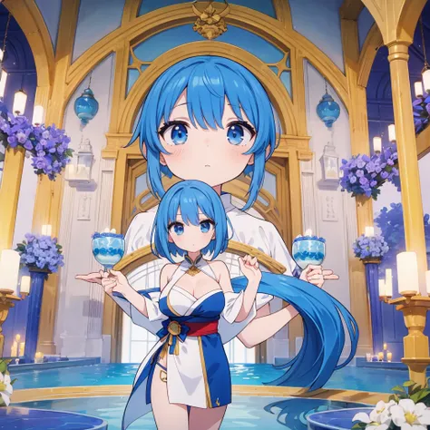 Top quality、Top image quality、masterpiece、Ultra-high resolution、short hair，Blue Hair，1 Female，Tall，Royal sister风格，Royal sister，Looking towards the camera，Swimsuit，手指微微勾起胸前Swimsuit的带子，，Large breast size，Highest definition，Japanese anime style，Highest defini...