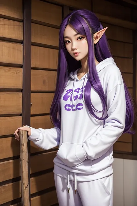 Long Purple hair, Vietnamese, beautiful 23 year old woman, very attractive, brown eyes, elf ears, very cute, thin athletic body, wearing white hoodie and sweatpants, photoshoot in log cabin