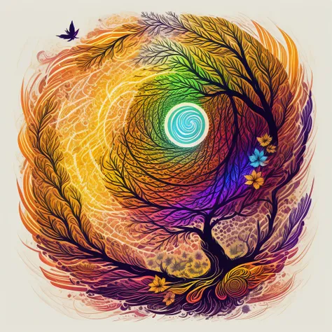 circular tree,four seasons,spring,summer,autumn,winter,leaves,roots,branches,trunk,ornate border,decorative,digital illustration,artwork,movement,time,swirling background,dark background,vibrant colors,natural,life cycle,growth,change,nature,life,peace,har...