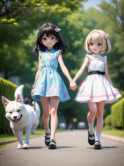 Two Girls、Very close sisters、Walk hand in hand、Having fun and being excited、They both walk with a bounce、Happy smile、A cute, cool sleeveless dress、Dogs walking side by side、(Quadrupedal Dog、Very large dog:1.4、Same height as her sister、Bushy white hairs、She...