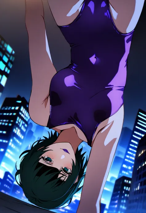 himeno, himeno(Chainsaw Man), 1girl, black hair, short hair, eyepatch, solo, seductive smile, Villains, latex purple leotard, purple lips, back shot, from front, handstand, upside-down face, dramatic angle, unique perspective, unique angle, View your audie...