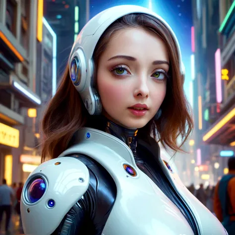 a cute woman space explorer, beautiful detailed eyes, beautiful detailed lips, extremely detailed eyes and face, long eyelashes, beautiful woman, confident expression, space suit, alien planet, glowing alien city, cybernetic enhanced aliens, robot servants...