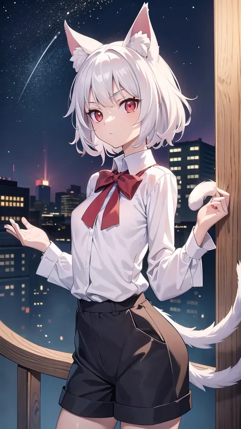 neferpitou, neferpitou, short hair, (red eyes:1.5), long sleeves, animal ears, tail, white hair, shorts, cat ears, cat tail, curly hair, (small breast:1.2), BREAK looking at viewer, BREAK outside, BREAK (masterpiece:1.2), best quality, high resolution, uni...