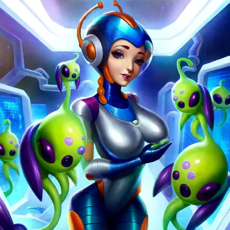 (A cute woman Space explorer) has encountered an alien civilization (Scary but friendly aliens, cybernetic enhanced, robot servants), they examine her and offer alien food
