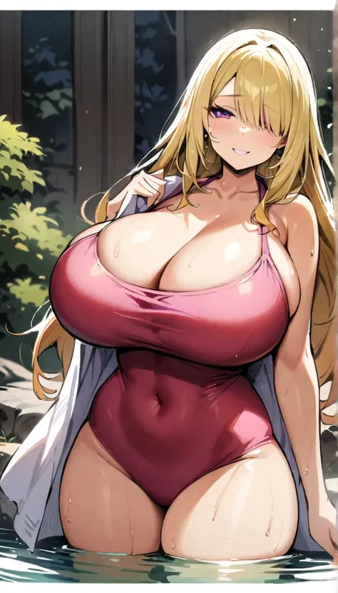 ((Best Quality)), ((Masterpiece)), (detailed), 1 girl, Pastel yellow hair, long hair, hair covers one eye, purple eyes, tight, big breasts, big thighs, expression smiling shy, with a towel in the hot springs