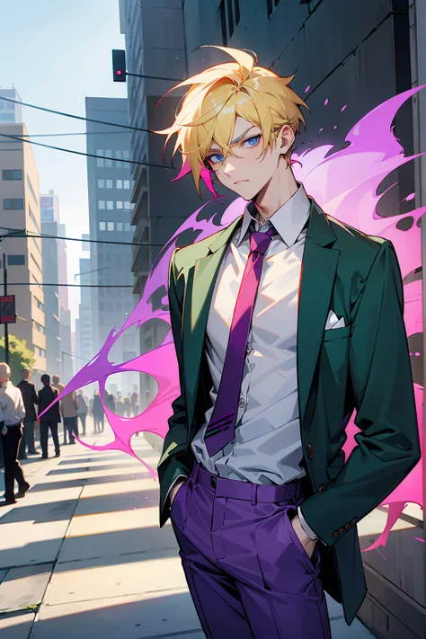 1male , Multicolored Hair , Purple Hair , Blonde Highlighted Hair , Serious Expression , Pale Green Blaze , Red Tie , Grey Pants , White Button Up Shirt , Modern city background , Standing on sidewalk , Perfect Generation , Blue Eyes 