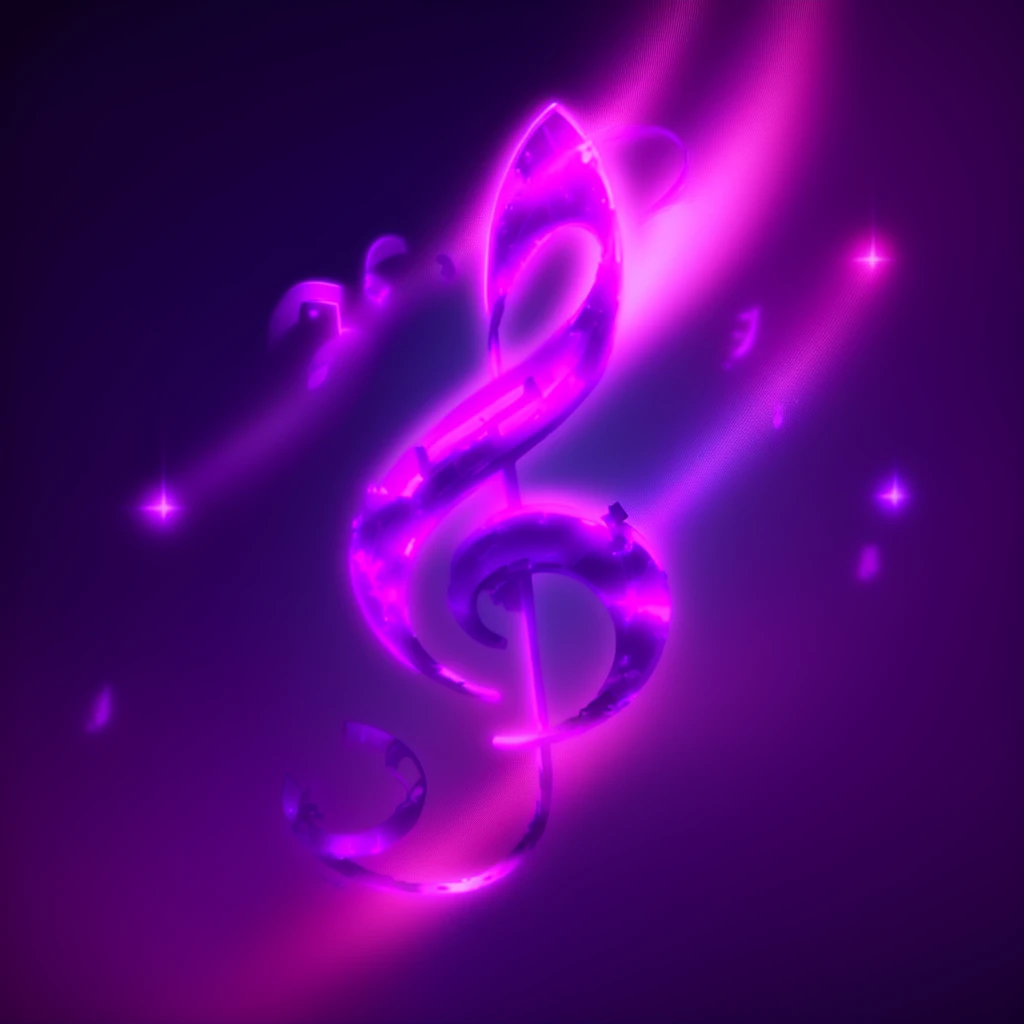 purple music note with a glowing treble in the sky, neon music notes, magic music, music, music in the air, phonk music background, Background artwork, music theme, music notes, musical notes, the god of music, music show, music album cover, trance music, ...