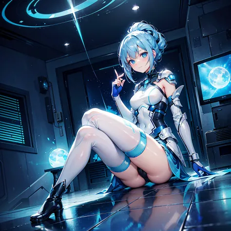 8K, Highest quality, (real:1.4), Original photo, 1 girl, Asari Hair, Biological Amplifier, Very sleek and futuristic armor, posture: Peace talks between warring factions,,attention arousal, smart blue eyes,A modest smile,Knee-high boots,Patent-look blue ti...