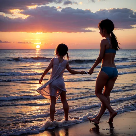 sunset on the sea with children playing in the water 