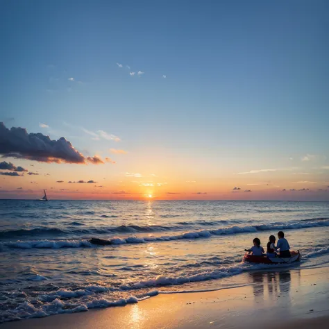 sunset on the sea with children playing in the water 