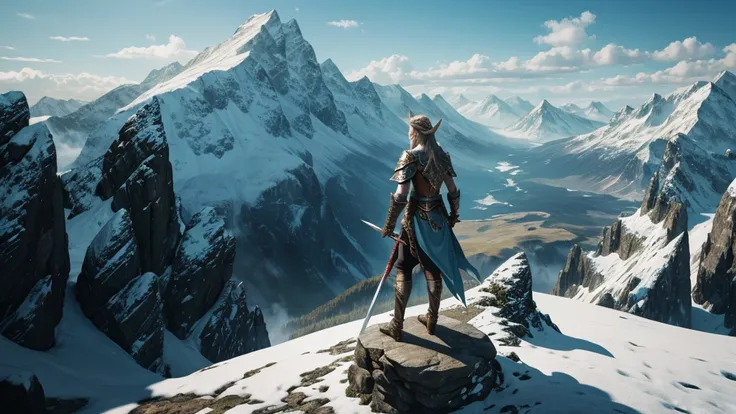 A majestic elven warrior, adorned in shimmering armor and wielding a legendary sword, stands atop a mountain peak, surveying the vast landscape below.