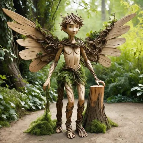 a character figure made of wood logs, facial features arms and legs made of crooked branches and vines, Boy has a rustic and natural appearance, with twisted bark details and knots. 
in the side a woman FAIRY Standing  with big wings