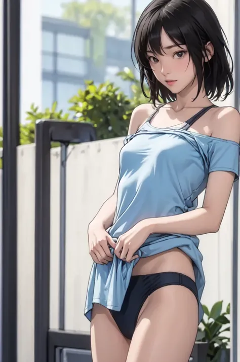 ((masterpiece, best quality)),((highres:1.2)), 1 Girl, solo, Cowboy Shot, Blurred Background, (((Small breasts))), Thighs, (Stripe underwear), ((lift the Shirts:1.3)), Off the shoulder, sexy One Shoulder T-Shirts