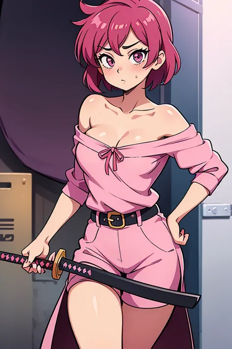 a beautiful sexy anime woman with a full pink kawai very short outfit and a katana
