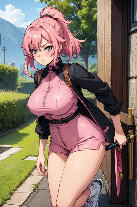 a beautiful sexy anime woman with a full pink kawai very short outfit and a katana
