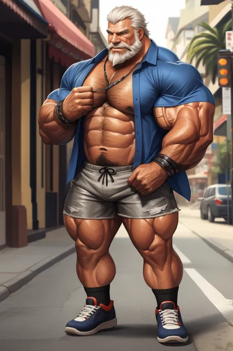 Huge muscular old man in street old man, bearded. white hair and beard, bearded, muscular, pectoral, wide pectoral, thick arms, massive muscular, realistic, 8k, masterpiece, semi realistic:1.2, (wearing shorts and Hawaiian shirt:1.2, shoes)