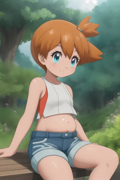 pkmnmisty, 1girl, solo, blue eyes, orange hair, short hair, side ponytail, bangs, flat chest, 
white shirt, crop top, sleeveless...