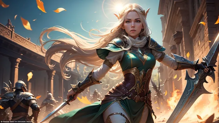 The legendary elven warrior, known for their unmatched speed and agility, gracefully dances through the air, their sword glinting in the sunlight as they strike down their enemies with ease.