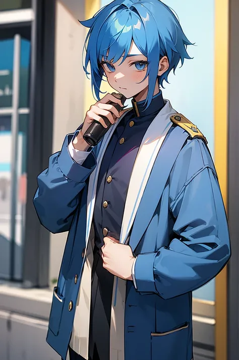 blue hair, student uniform, on the street, young male, lean build