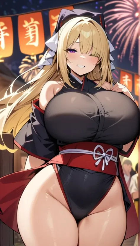 ((Best Quality)), ((Masterpiece)), (detailed), 1 girl, Pastel yellow hair, long hair, hair covers one eye, purple eyes, tight, big breasts, big thighs, expression smiling shy, japanese festival clothing, fireworks festival