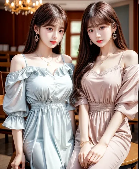 practicalphotography，22 years old，portrait，full Body，Korean，（twins,Mature：1.3），2 girl，beautiful girl，arrogant，Sitting in a large classroom chair，（necklace、earrings、bracelet：1.1），（Environmental details：1.3），（Original image、CG Unity、photography、Ultra-practic...