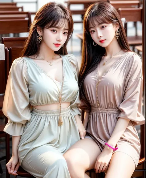 practicalphotography，22 years old，portrait，full Body，Korean，（twins,Mature：1.3），2 girl，beautiful girl，arrogant，Sitting in a large classroom chair，（necklace、earrings、bracelet：1.1），（Environmental details：1.3），（Original image、CG Unity、photography、Ultra-practic...